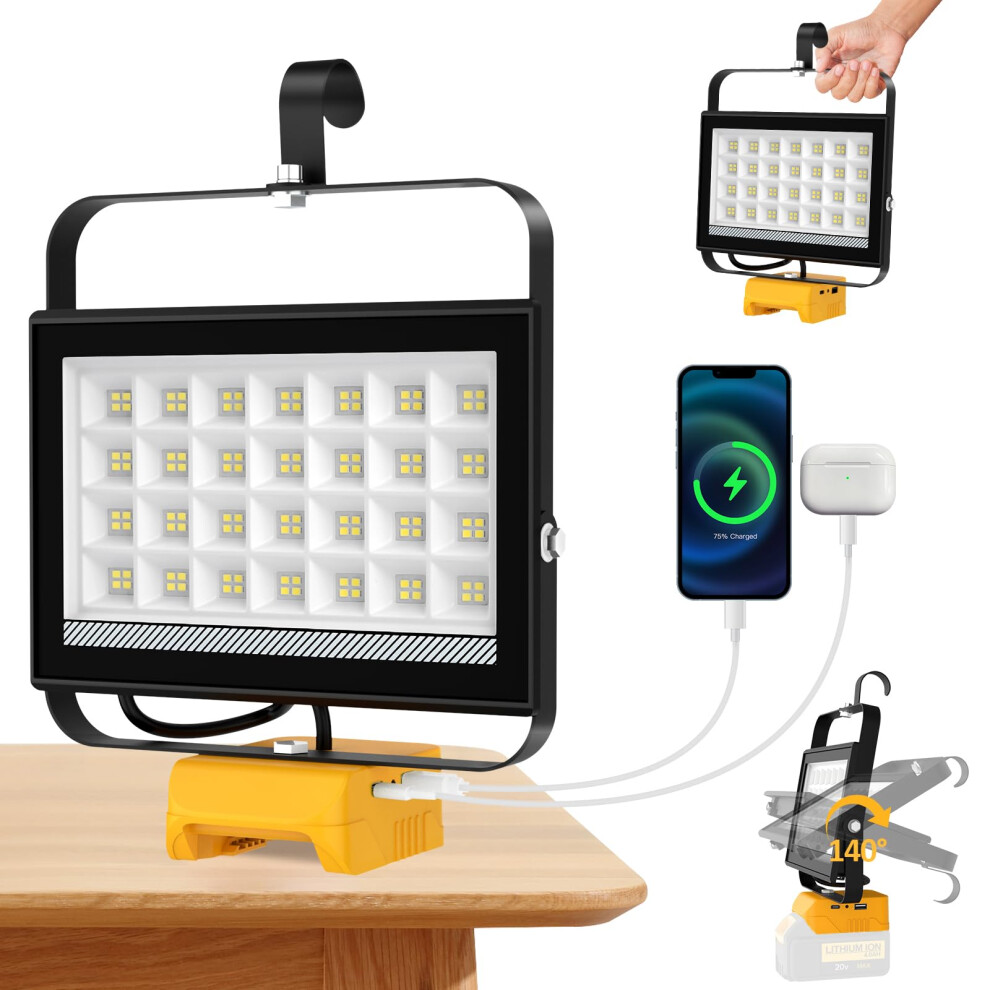 T-Sun Cordless Led Work Light For Dewalt 18V Battery, 100W Portable Jobsite Flood Light With Usb Charging Port, Indoor Outdoor Flashlight Spotlight 5051222077191