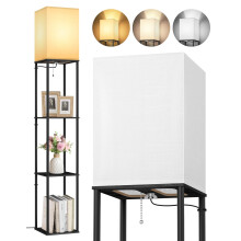 OUTON 3 Layers Floor Lamp with Shelves, Modern Standing Lamp with Wood Shelf, Tall Bookshelf with 3 Color Temperatures, Dimmable LED Reading Lamp for