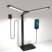Woputne Desk Lamp, Dual Heads, Height Adjustable, USB Charging Port, 5 Light Modes & Dimmable, Bedside Lamp for Reading, Crafting, Work, Study (Black,