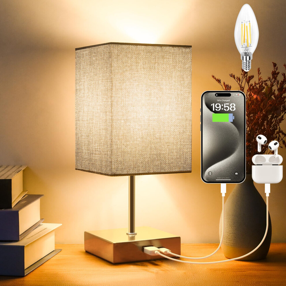 Totofac Touch Bedside Table Lamp, Touch Control Table Lamp With Usb-C?Usb-A Charging Ports, Lamps 3 Way Dimmable, Small Lamp Flaxen Fabric Shade Grey