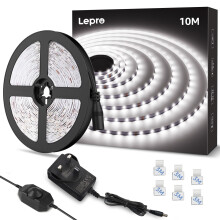 Lepro White LED Strip Light 10M, 2000lm Dimmable LED Lights, 24V UK Plug LED Strip with Dimmer Switch, 6000K Cool White Strip Lights for Kitchen,