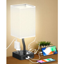 Alimentata Bedside Table Lamp, Touch Control Nightstand Bedroom Lamp with USB C & USB A Charging Ports, 2 Way Outlets, Minimalist White Fabric LED