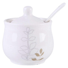 Ceramic Sugar Bowl with Lid and Spoon for Coffee and Tea, White Porcelain Kitchen Storage Jar