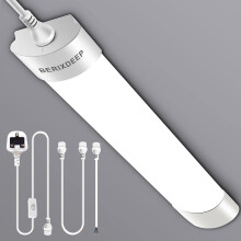 BERIXDEEP 1.3ft LED Batten Light 6500K Daylight, Linkable Plug in Strip Light for Garage, Workshop, Office, Wall, Kitchen, Shed, IP65 Plug in Ceiling