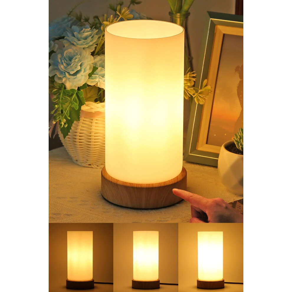 Hslighting Bedside Lamps, Touch Control Glass Table Lamp 3-Way Dimmable Wooden Grained Base Small Touch Lamps Bedside Minimalist Nightstand For