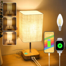 Touch Bedside Table Lamp,Dimmable Touch Control Nightstand Lamps with USB-C?USB-A Charging Ports,Small Lamp Wood Base Beige Flaxen Fabric Shade for
