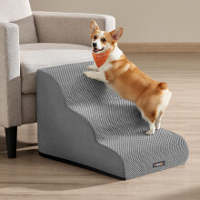 Feandrea 3-Step Dog Stairs, Waffle-Patterned Corduroy Dog Steps for Bed, Sofa, Waterproof Pet Stairs with Anti-Slip Designs, Gentle Slope, Removable