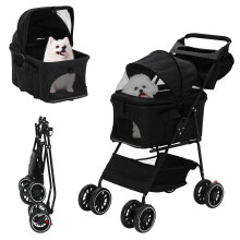 3-in- Pet Stroller Foldable for Small Medium Dogs Cats with Storage Basket,Wheels,Safety Belt,Zipper Entry,Brake,Adjustable Handle,Detachable Dog