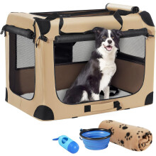 Petprsco Portable Dog Crate, Collapsible Dog Travel Crate 81x58x58 cm with Soft Blanket Foldable Bowl and a Poop Bag with Dispenser for Medium & Large