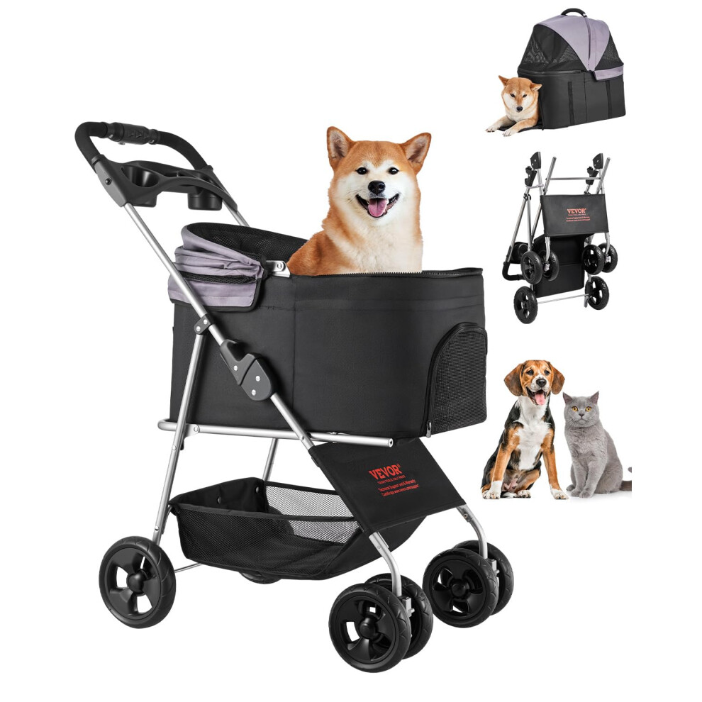 Vevor Pet Stroller, 35 Lbs Weight Capacity, Foldable Dog Stroller Cart, 4 Wheels Cats Pram With Detachable Carrier & Mesh Windows, Portable Animal