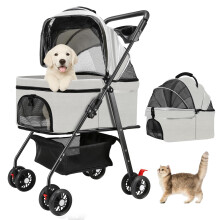 AODI Pet Stroller for Small Dogs and Cats with 4 Wheels, Foldable Dog Stroller with Detachable Carrier, Sun Shades, Storage Basket & Cup Holder, Up to