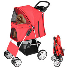display4top Pet Travel Stroller Dog Cat Pushchair Pram Jogger Buggy With 4 Wheels (Red)