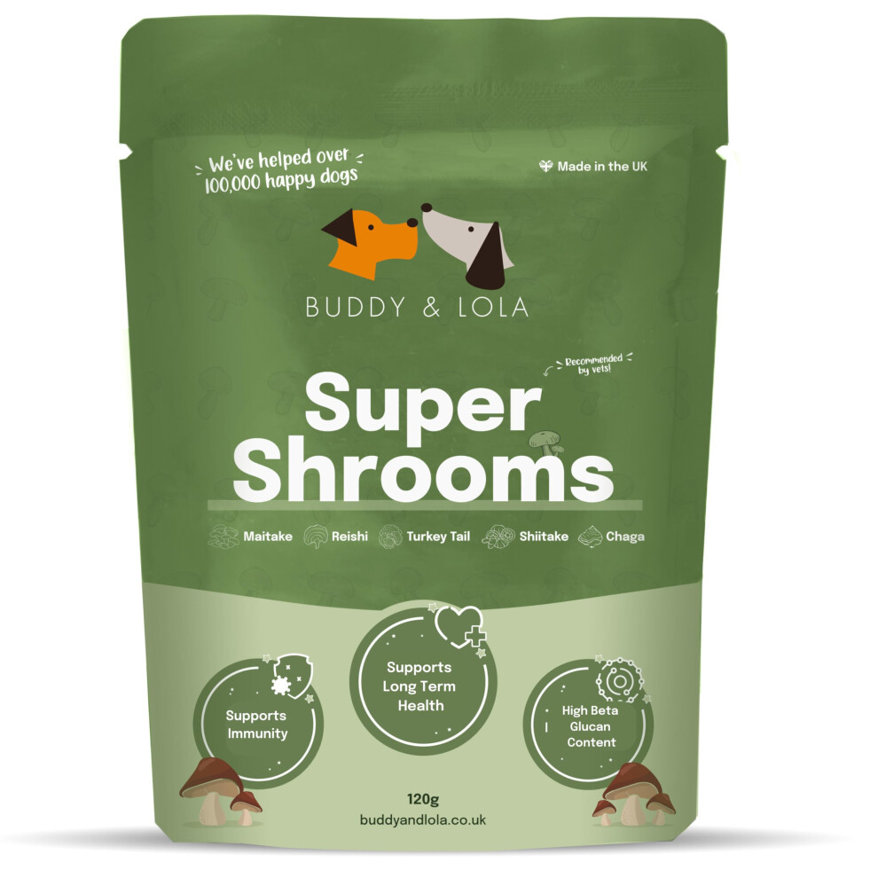Buddy & Lola Super Shrooms 5 Mushroom Blend For Dogs, High Beta Glucan For Dogs, Immunity Booster And Holistic Dog Health Supplement, Mushroom