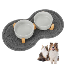Vexillic Ceramic Dog Bowl, 400ML Double Dog Feeding Bowl, Elevated Dog Bowl with Bamboo Stand and Non-Slip Mat for Small to Medium Dogs (Grey)