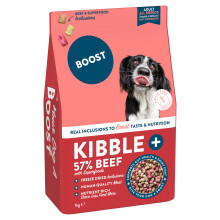 BOOST Pet Food Dog Kibble Plus Beef - Premium High Meat Content Kibble Mixed with Freeze Dried Inclusions of Beef and Superfoods for Adult Dogs, Grain