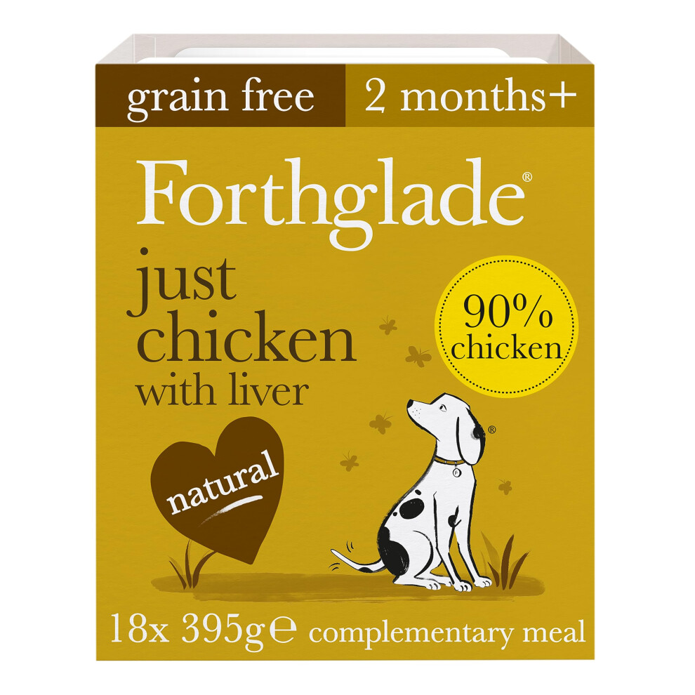 Forthglade Complementary Wet Dog Food (18 X 395G Trays) - Free & Hypoallergenic Dog Food, Just Chicken With Liver, 90% Protein Stomach Sensitive Grain