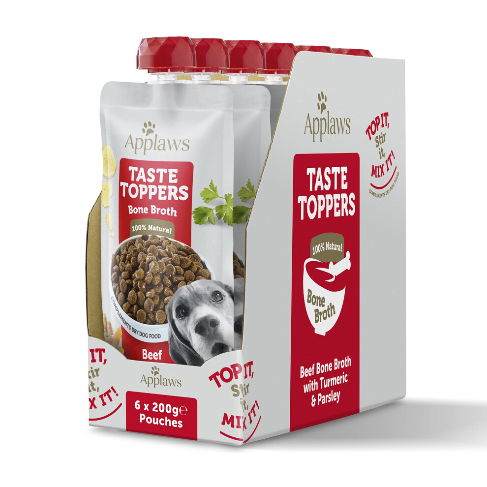 Applaws Taste Toppers 100% Natural Dog Food Topper, Beef Bone Broth For Dry Dog Food 6 X 200G Pouch