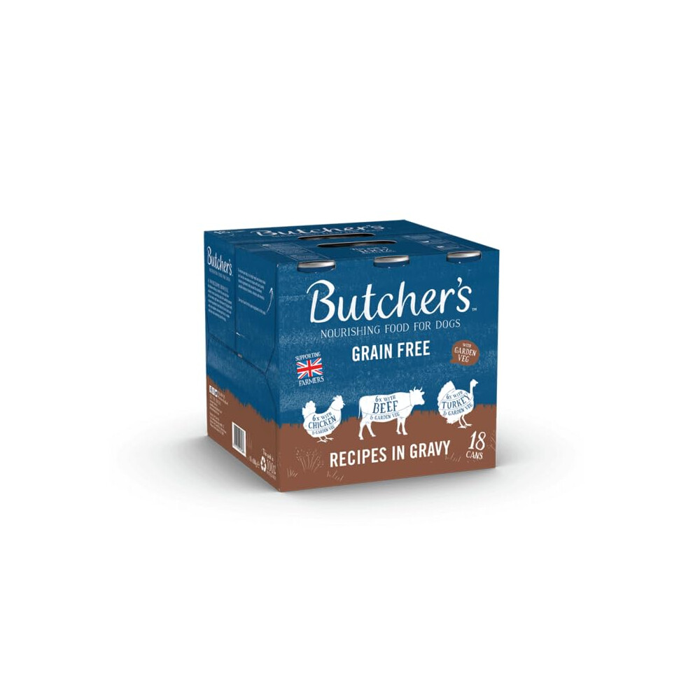 Butcher's Complete Wet Can Grain Free Hypoallergenic Adult Dog Food Recipes In Gravy Pack 18X400g - Chicken, Beef & Turkey
