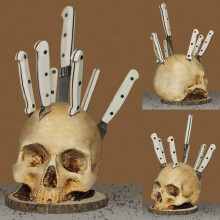 Skull Knife Holder with Distinctive White Resin Design for Horror Kitchen Decor and Halloween