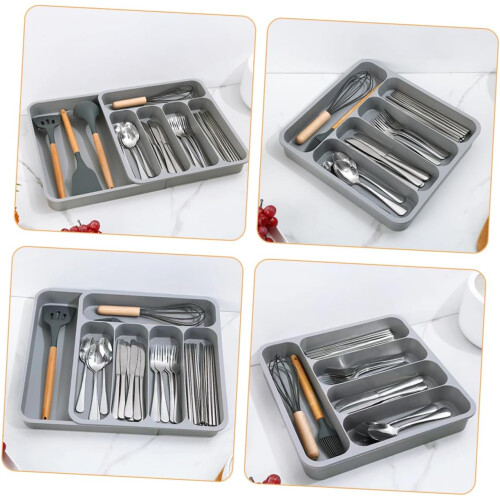 Expandable Silverware Drawer Organizer with MultiCompartment Layout for Kitchen Utensil Storage Tray Grey 1