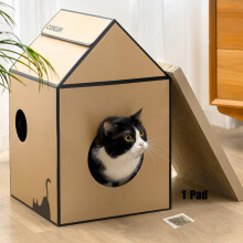 Conlun Cardboard Cat House with Scratching Board & Catnip, Cat Play Scratch House for Indoor Hideaway Furniture, Heavy Duty Sturdy Cardboard