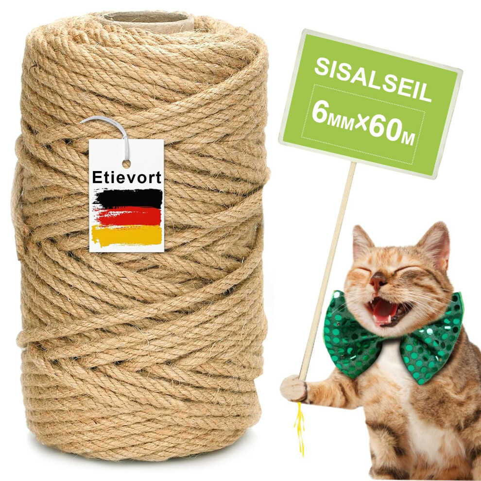 Sisal Rope For Scratching Post, 6 Mm X 60 M Sisal Rope, Sisal Scratching Post Cord For Cats, Scratching Rope, Household, Garden, Diy, Decoration 5051222169636