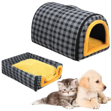 KBIBCK Cat Cave Bed, 2-in-1 Convertible Pet Bed with Removable Cushion Roof Hood & Carry Handles, 45x35 CM Self-Warming Foldable Plush Pet Beds,