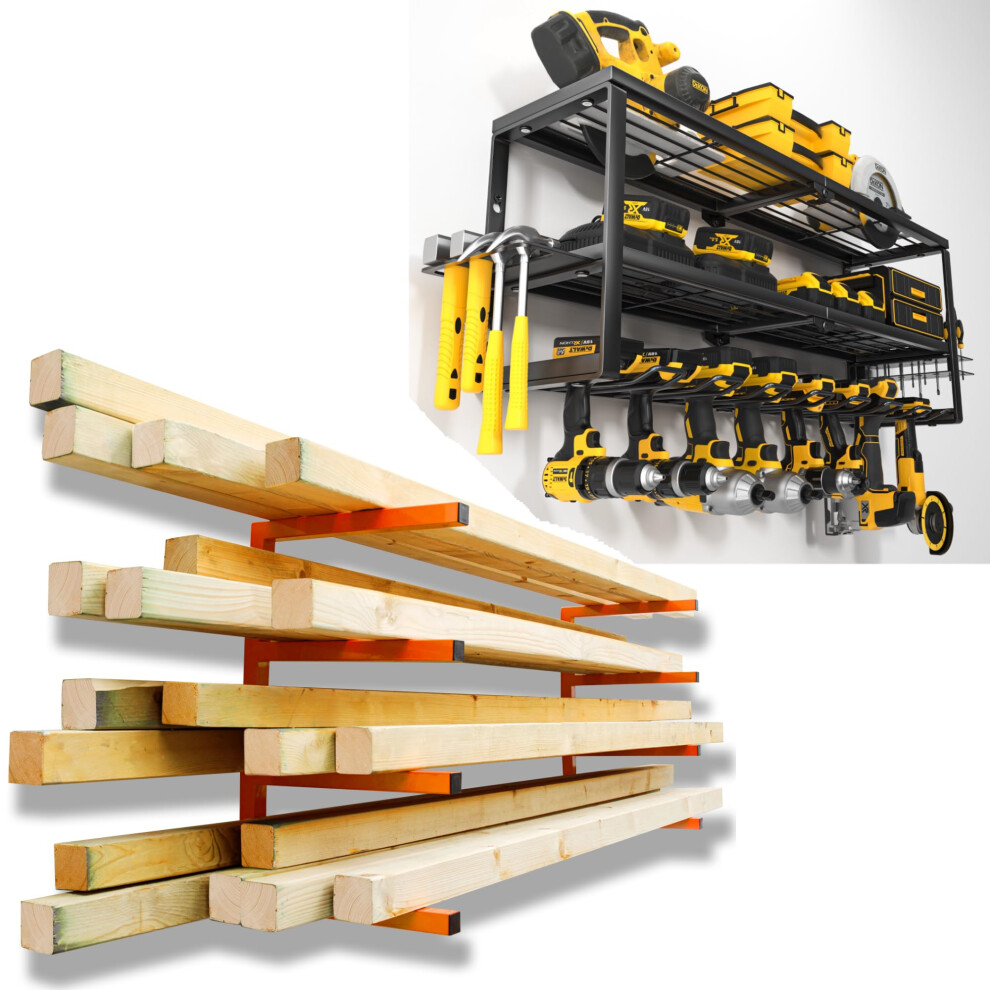 Heavy Duty 4Level Lumber Storage Rack And 32 Inch Wall Mounted Power Tool Organizer For Garage 9070919387364