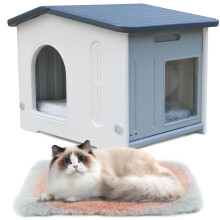 Plastic Cat House for Outdoor Indoor Use, Feral Cat House with Escape Door and Soft Mat, Cat Houses for Outdoor Cats Outside Cat Shelter for Small