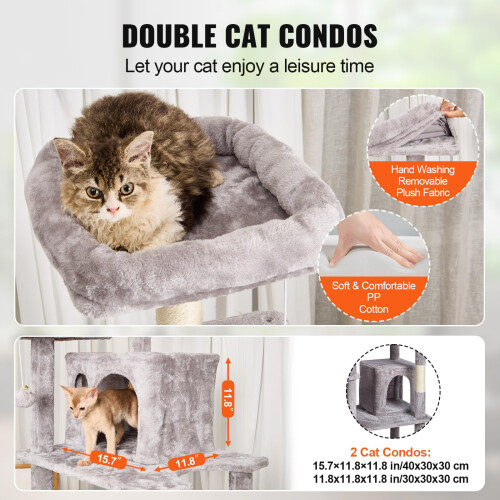VEVOR VEVOR Cat Tree, 68.5" Tower with 2 Condos, Sisal Post, Hammock, Perch, Platforms, Activity Center, Light Grey 2