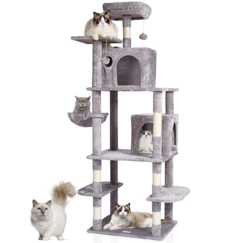 VEVOR VEVOR Cat Tree, 68.5" Tower with 2 Condos, Sisal Post, Hammock, Perch, Platforms, Activity Center, Light Grey