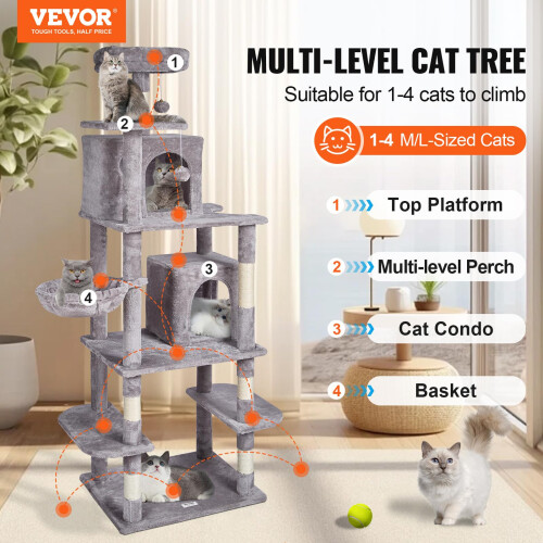 VEVOR VEVOR Cat Tree, 68.5" Tower with 2 Condos, Sisal Post, Hammock, Perch, Platforms, Activity Center, Light Grey 1