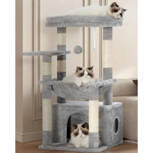 Heybly Cat Tree, 80cm Kitten Tower with Large Soft Basket for Indoor Cats, Cat Scratching Post with Hidden Cave Bed & Dangling Ball, Light Gray