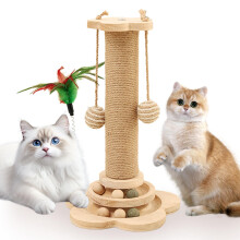 Xeticey Cat Scratching Post for Indoor Cats Scratcher Multifunctional Sturdy with Scratcher Post, Scratch Pole, Solid Wooden Base, Interactive Track