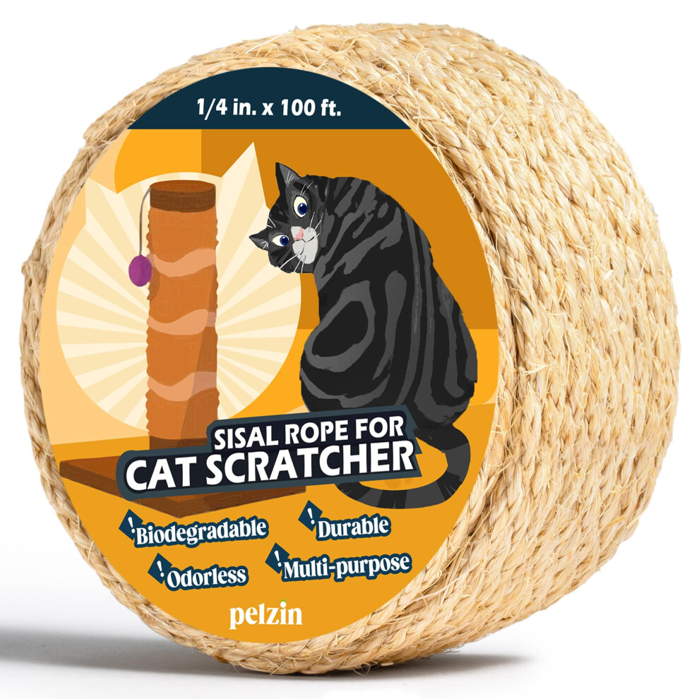 Pelzin Natural Sisal Rope For Cat Scratcher 6Mm X 30M, Cat Scratching Post Replacement Rope, Cat Tree Twine For Scratching Post Repair, Recover, 5051222172698
