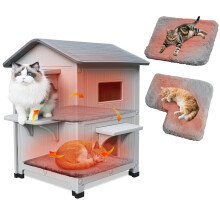 Cat House Outdoor with Mat, 2 Tier Outdoor Houses for Cats Plastic Outside Cat Shelter Weatherproof with Escape Door