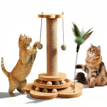 Cat Scratching Post with Natural Sisal, Sturdy Cat Scratcher Multifunctional Scratch Post with Solid Wood Base and Sisal Rope Balls Interactive Track