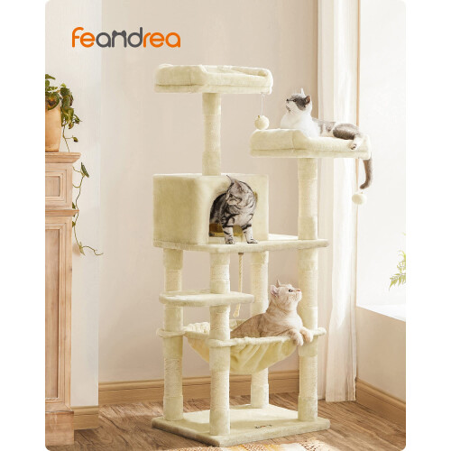 FEANDREA FEANDREA Cat Tree, Stable Cat Tower, 2 Plush Perches, 143cm, Beige PCT15BE 1