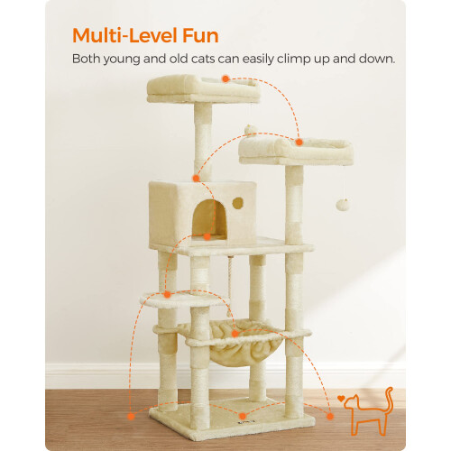 FEANDREA FEANDREA Cat Tree, Stable Cat Tower, 2 Plush Perches, 143cm, Beige PCT15BE 2