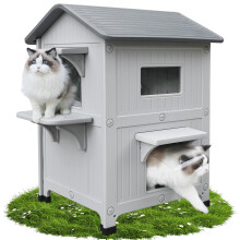 Outdoor cat house, 2 story outdoor houses for cats plastic outside cat shelter weatherproof with escape door, large feral villa cat shelter for small