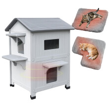 2-Tier Outdoor Cat House with Mat, Plastic Cat House, Weatherproof & Insulated Cat House for Outdoors, with Escape Door, Sleeping Mat and Removable