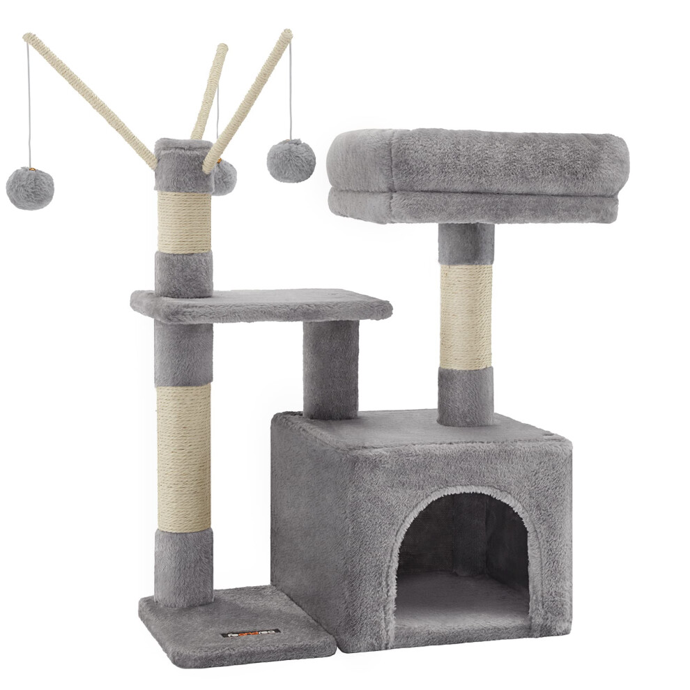 Feandrea Cat Tree, Small Cat Condo, 72 Cm, 3 Pompoms, Light Grey Pct121w01