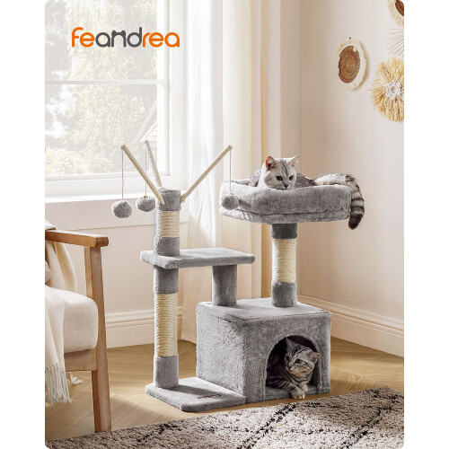 FEANDREA FEANDREA Cat Tree, Small Cat Condo, 72 cm, 3 Pompoms, Light Grey PCT121W01 1