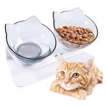 Edipets, Cat Bowl, with Stand Tilted, 15?, Raised, Double Plastic Bowl, Anti Vomiting, White and Translucent, Anti Slip, Feeding and Watering Bowls