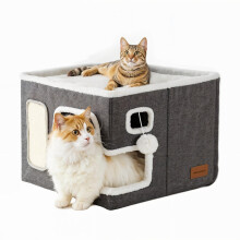 Riverstcat Cat house,foldable modern cat cube bed with fluffy ball and scratching board, Multifunctional comfortable large dark grey cat cave &