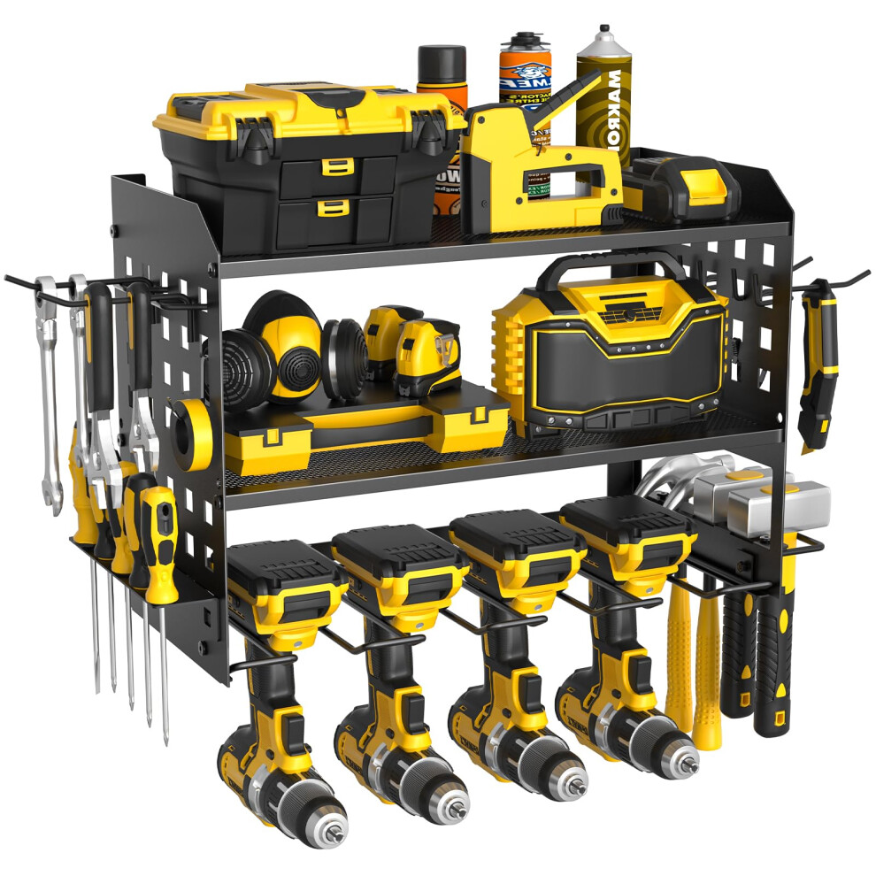 Power Tool Wall Mount Organizer For Garage, 3 Tier Tool Storage Rack Holds 4 Drills, Spacesaving Black 9070919387715