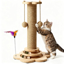 Treeboy Cat Scratching Post for Indoor Cats with Natural Sisal - Sturdy Cat Scratcher With Solid Wooden Base, Kitten Toys with Interactive Track Ball,