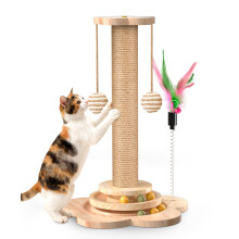 Mordraoe Cat Scratching Post for Indoor: Cat Scratcher Post with Solid Wooden Base | Interactive Track Ball Toys & Spring Feather | Small Kitten