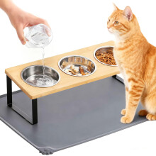 Yeqqzq Upgraded Elevated Cat Bowls with Food Mat, 15?Tilted Stand Anti Vomiting Raised Cat Dishes for Food and Water, 3 Stainless Steel Bowls for Cats