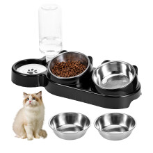 TranRantic 3-in-1 Cat Bowl, Cat Food and Water Bowl Set, 15?Tilted Stainless Steel Cat Bowls with with Water Dispenser, Raised Pet Feeding Station for